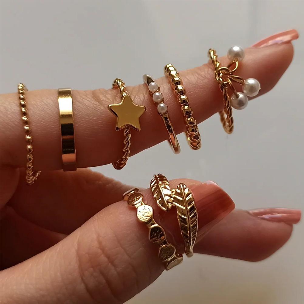8pcs/set Gold Star Leaf Pearl Rings Personalized Fashionable Rings Set Alloy Rings Women Jewelry Accessories