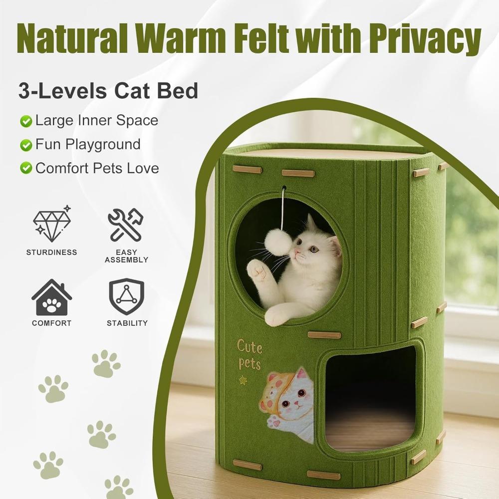 Cat House for Indoor Cats – 2-Tier Cat Condo Cave with Plush Ball, Soft Cushion & Peek Hole – Cozy Kitten Bed and Cat Furniture for Play, Rest & Hide