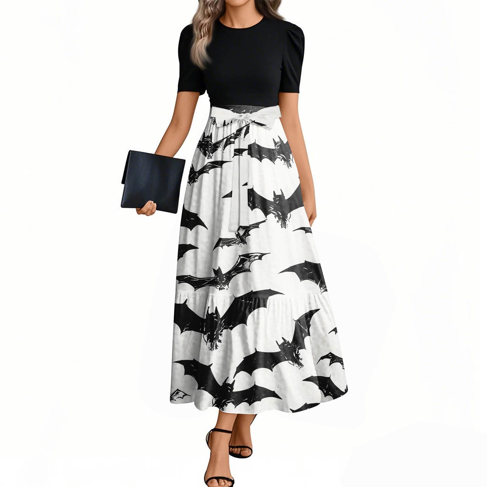 

Женское модное повседневное платье с поясом, с коротким рукавом, круглым вырезом и элегантным принтом на Хэллоуин S