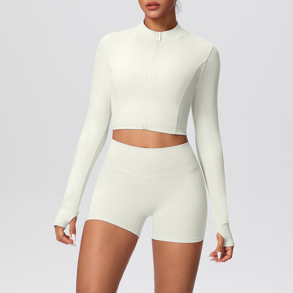 

High-Waist Thumb-Hole Zipper Yoga Set – Butt-Lifting Jacket and Shorts M