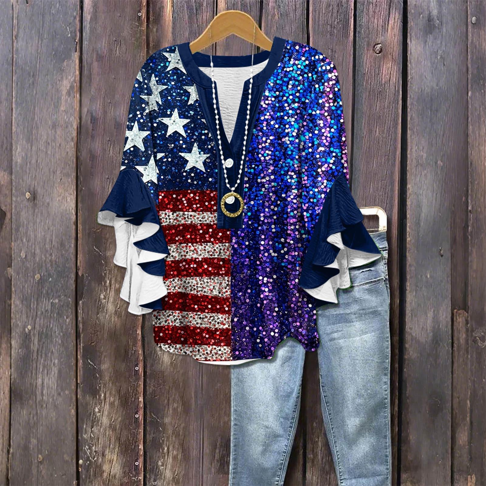 

Women s Fashionable Casual Button V-Neck Seven Quarter Sleeve Retro Independent Day Printed Shirt Top XL