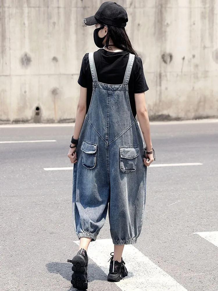 Personalisierte Street Washed Harlan Denim Latzhose Sommer Dünn Mode Locker Gerades Bein Jumpsuit