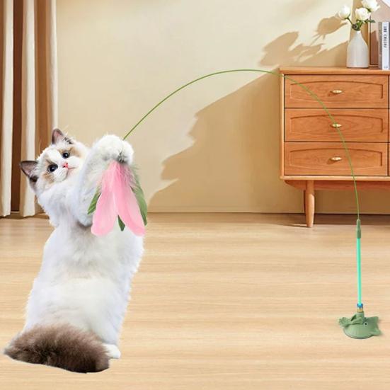 Cat Tease Toy with Suction Cup Interactive Cat Toy Press Lock Sticks on Floors Cat Wand Toy Flexible Steel Wire Cat Feather Toy