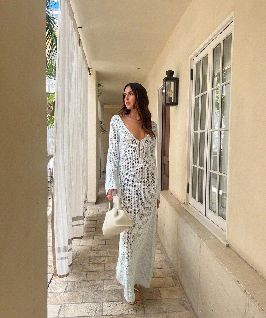 Autumn and Winter New Beach Skirt Solid Color Sexy Backless Knitted Hollow Dress Long Skirt Bikini Swimsuit Blouse