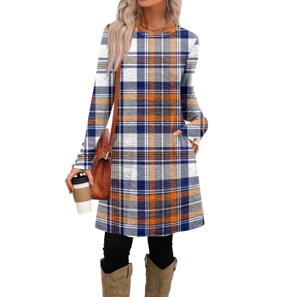 Damenmode Freizeitkleid mit Taschen, dekorativen Knöpfen, Rundhalsausschnitt und langen Ärmeln