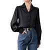 Women's Black Satin Shirt - 2026 Spring/Fall Loose Fit with Stylish Suit Collar and Long Sleeves
