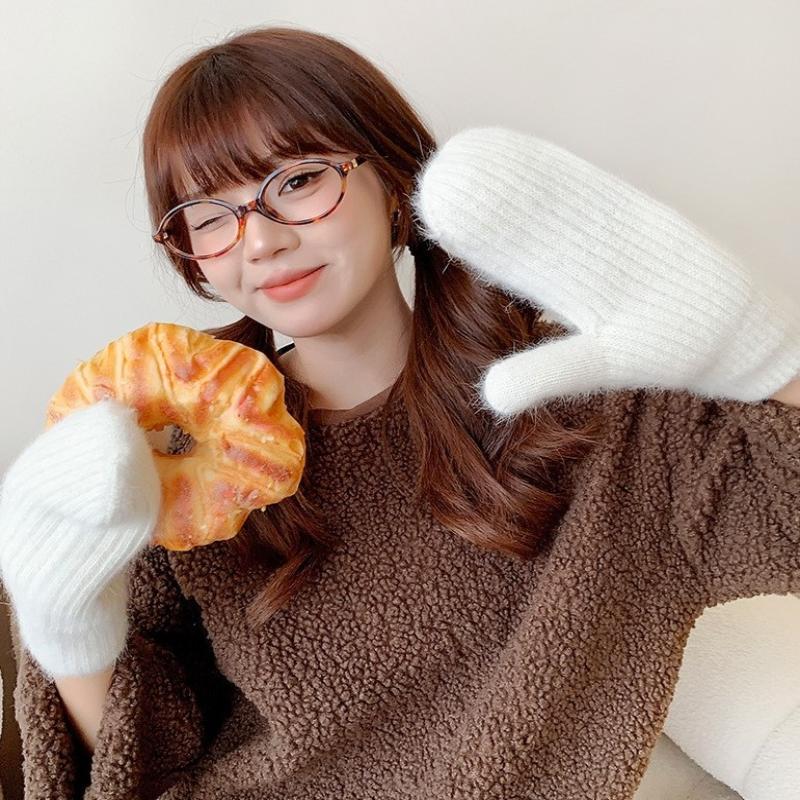 Gloves For Women In Winter Cute Plush Thickened Rabbit Fur To Keep Warm And Furry Student Riding To Prevent Cold And Freezing