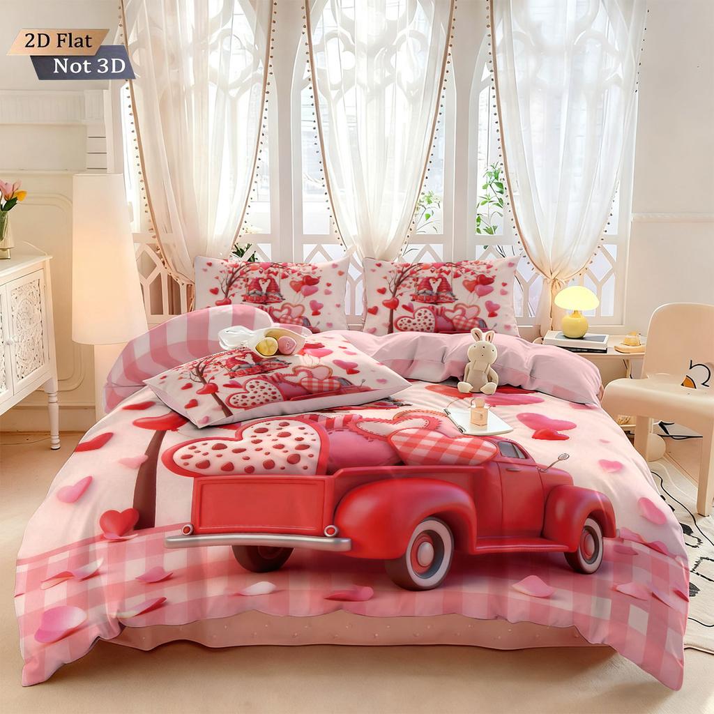 3pcs Valentine's Day romantic pink love goblin car print coreless down duvet cover set multi size bedroom bedding decoration