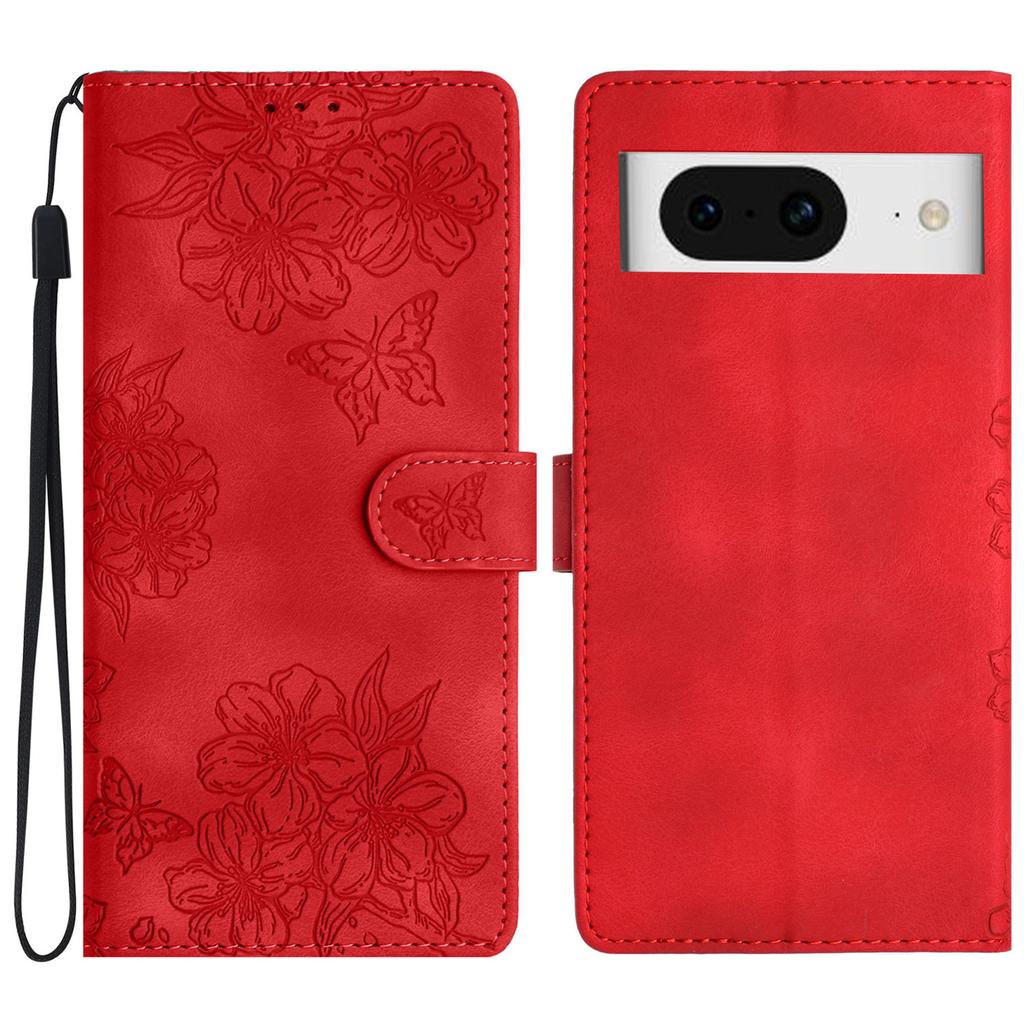 For Google Pixel 8 Case PU Leather Wallet Phone Cover Imprinted Butterfly Flowers Wrist Strap
