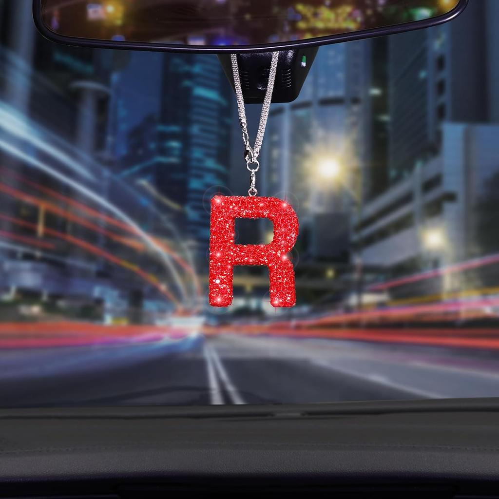 Bling Hanging Car Accessories, Diamond Crystal Rhinestone Mirror Hanging Letter A Pendant, Cute Lucky Red Bling Car Ornament for Women (Red,A)