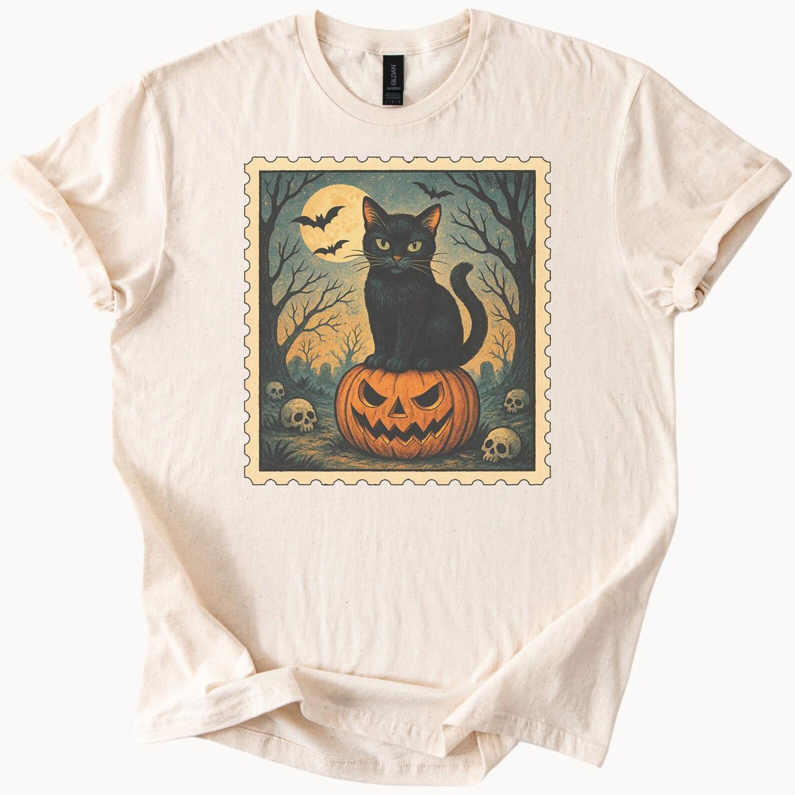 Halloween Black Cat Sitting on Jack O Lantern Pumpkin Full Moon Bats and Skulls Creepy Forest Graphic T Shirt Halloween Shirt 140