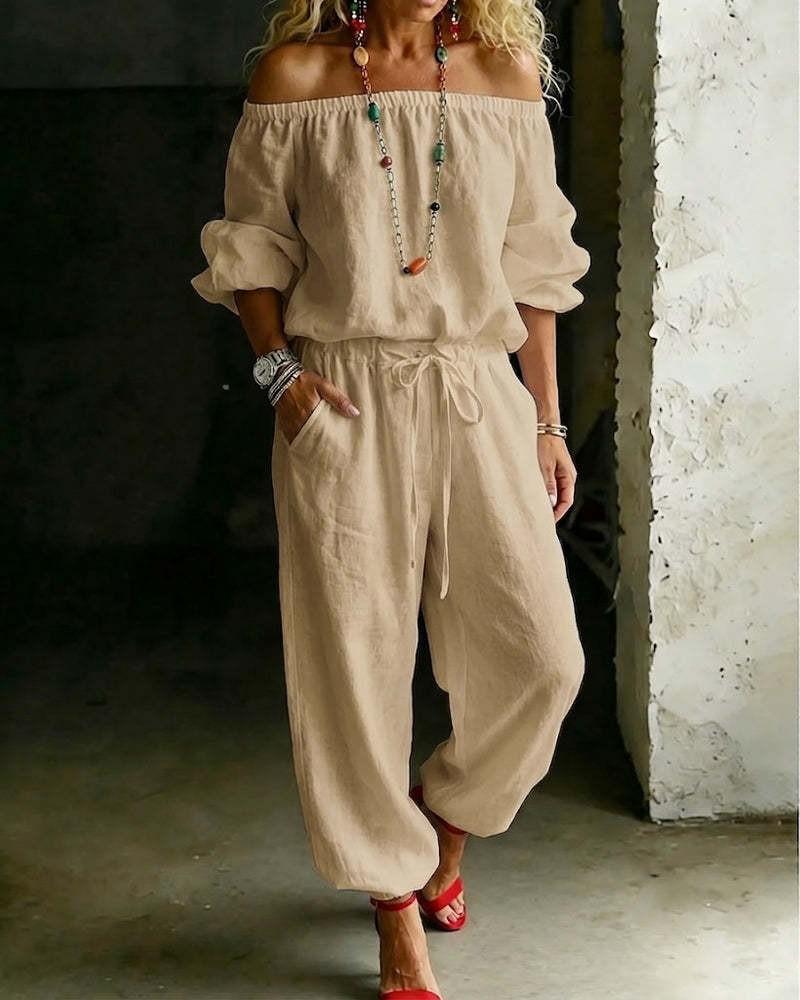Womens Off Shoulder Long Sleeve Top Drawstring Waist Tapered Pants Two Piece Casual Outfit