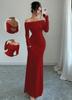 Spring women's clothing one-word off-the-shoulder, pleated and tight, fashionable and elegant hip-wrapped long evening dress dress