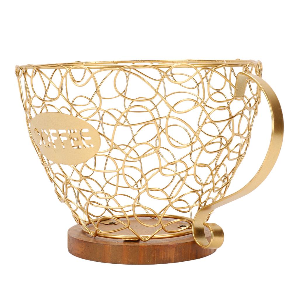 Coffee Pod Holder   Metal Coffee Capsule Storage Basket with Wood Base for Kitchen Countertop