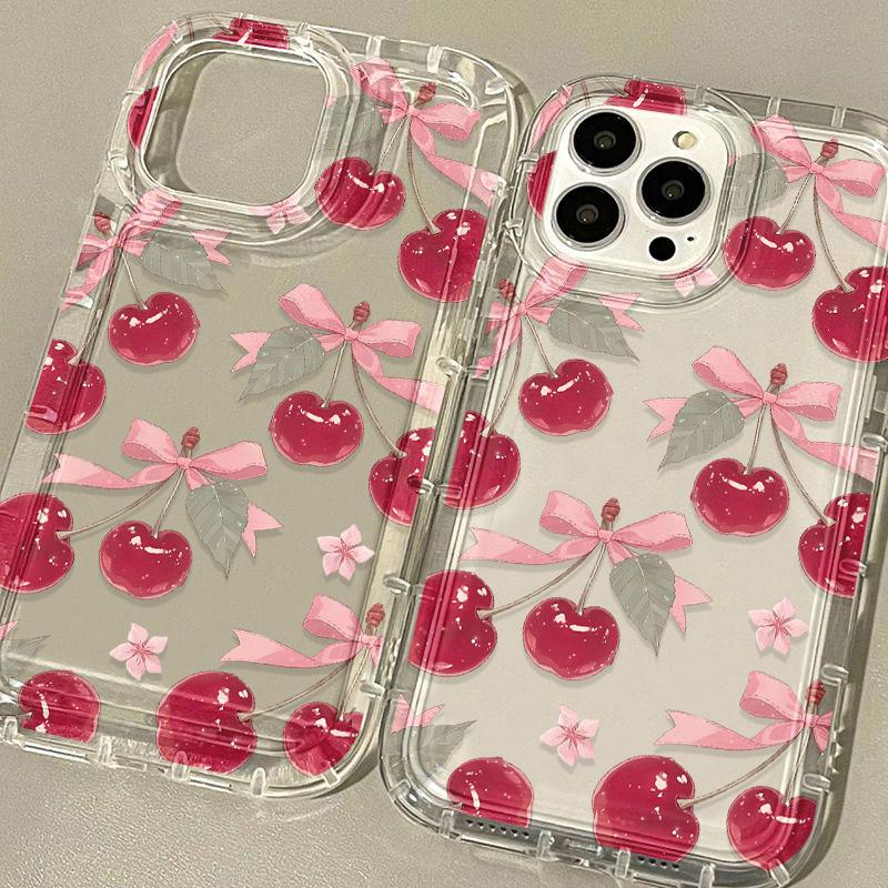 Pink Bowknot Cherry Phone Case For IPhone 17 Air 15 16 13 11 12 14 Pro Max 7 8 Plus Air 16e XR Shockproof Soft Clear Cover Coque