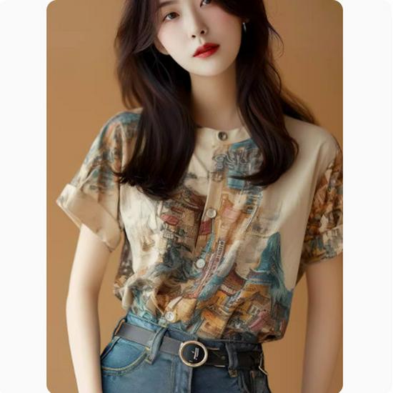 

Женская футболка с коротким рукавом с принтом китайского ретро-города 2024 года - Уникальный и изысканный дизайн X-Large