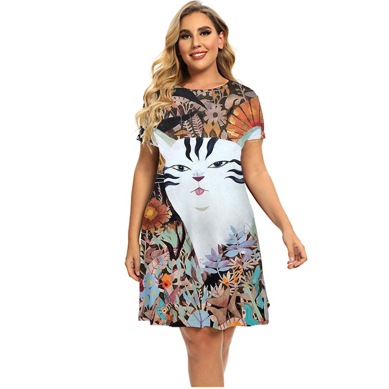 Kleid mit tiefem Wald-Tier-Katzen-Muster für Damen, für den Sommer 2022, kurzärmelig, modisch, Kawaii, A-Linie, Kleid, übergroße Kleidung