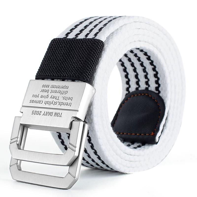 Men's Fashion Canvas Belt with Double Ring Buckle for Teens and Students - Leather-Accented and Adjustable Trousers Belt.