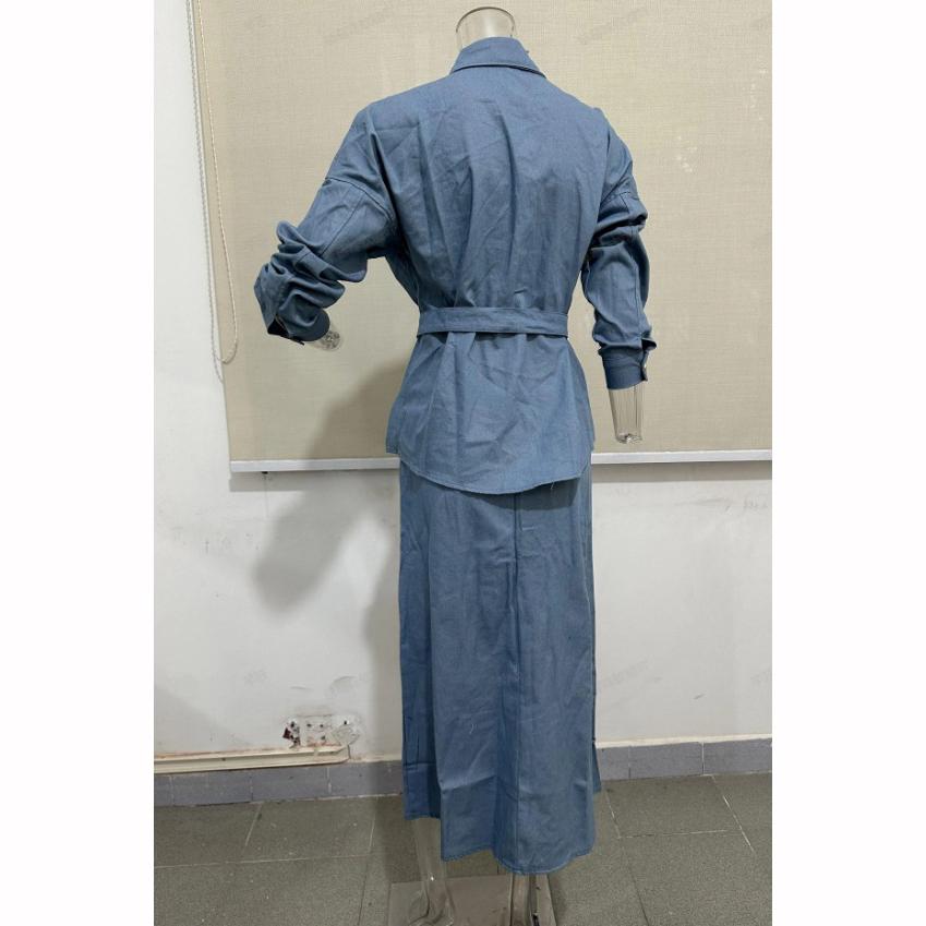 Spring Autumn European American Fashion Distressed Washed Casual Denim Blouse Skirt Suit Trend