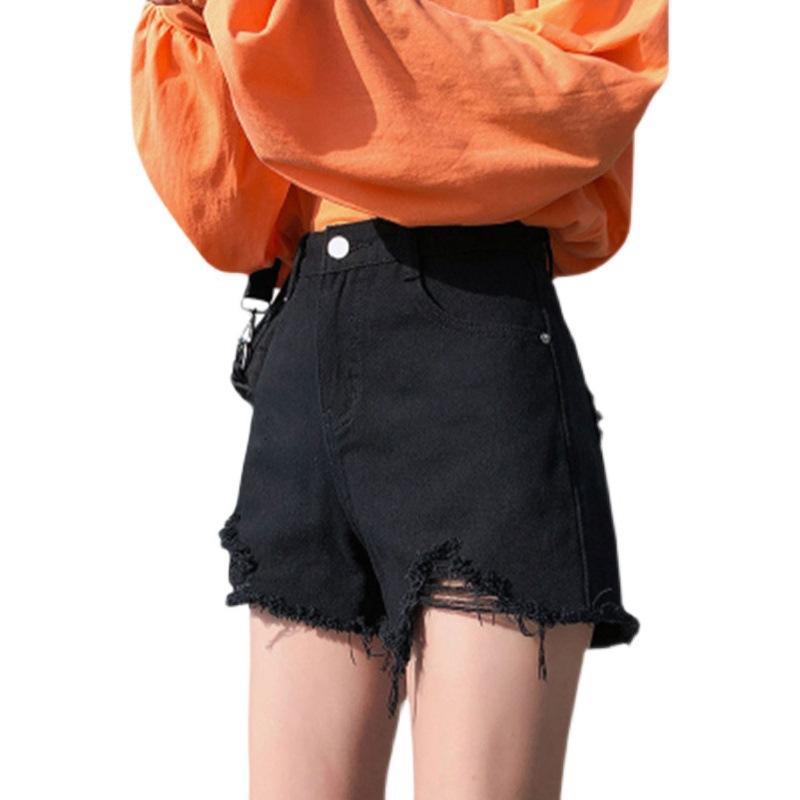 Summer Pants Classic and Minimalist Fashion Versatile Black Women's High-waisted Loose Summer Hole-breaking Thin Burlap Wide-legged Son Denim Shorts