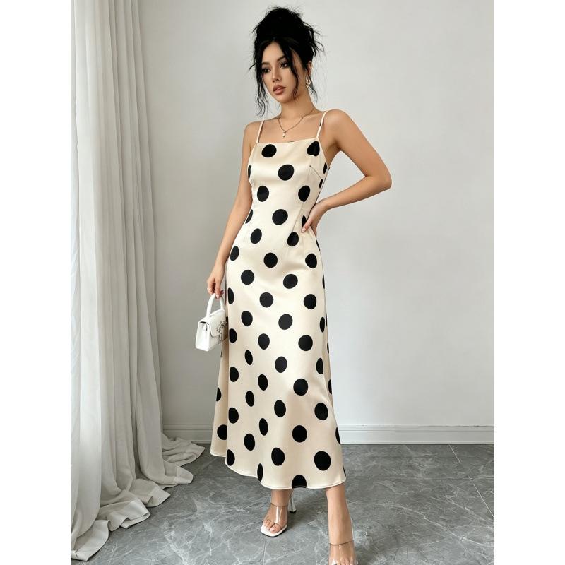 European and American Summer New Fashionable Simple and Elegant Satin Polka Dot Waist Suspender Dress