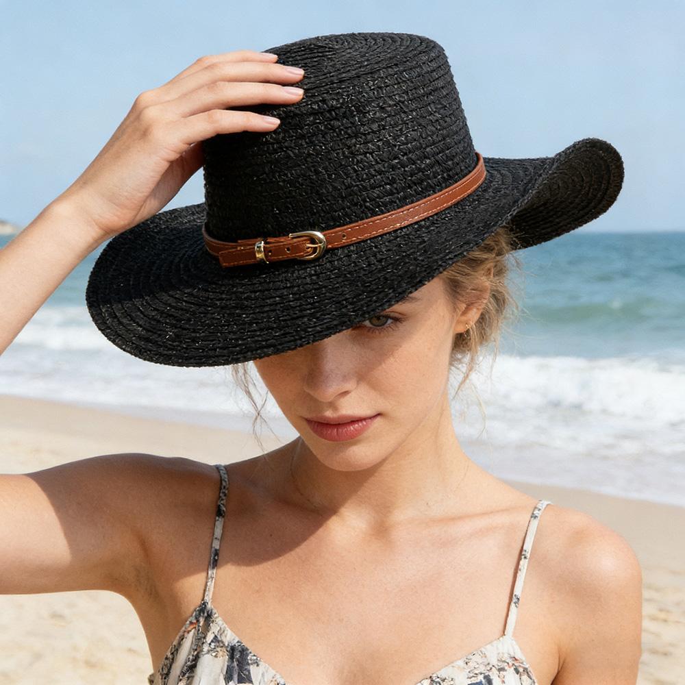 

1pc Ladies Wide-brimmed Knitted Sun Hat, Adjustable captain s hat, equipped with a leather belt. Breathable and lightweight чорний