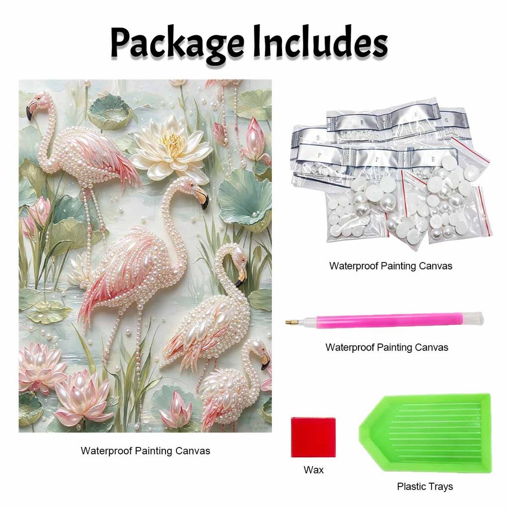 This Pearl Painting Kit Features 5D Pink Flamingos and Lotus Mosaic Art Style. Designed for Home Wall Decoration.
