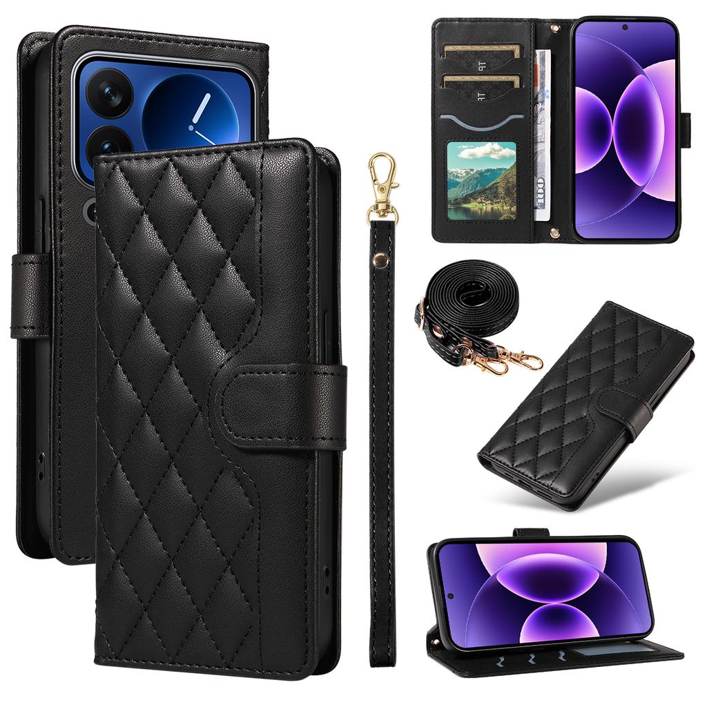 For Xiaomi 17 Pro Wallet Case Rhombus Leather Phone Cover with Strap