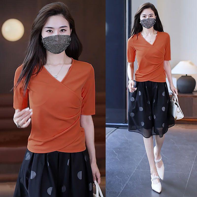 

Spring and summer cross-neck T-shirt women s medium-sleeved v-neck outer wear bottoming shirt irregular waist slim-fitting temperament shirt top 3XL помаранчевий