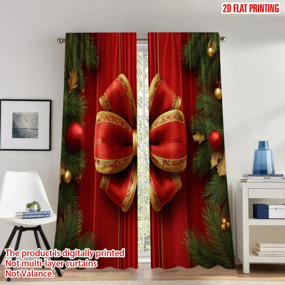 

Set Of 2 Flat Printing Christmas Scene Curtains Ribbon Pine Branches Digital Printed Polyester Drapes Festive Holiday Curtain Made W100*H70(CM)-Rod Pocket&2PCS