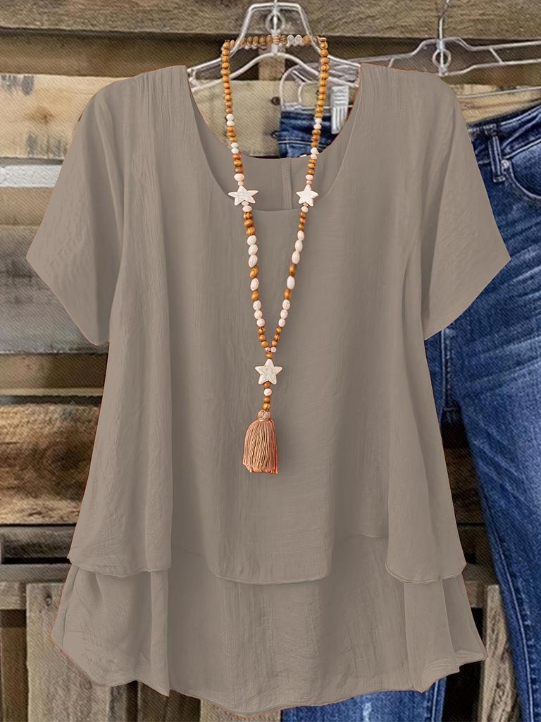 Nuova Blusa Larga da Donna Taglie Forti in Cotone e Lino con Scollo Rotondo - Colore Unito