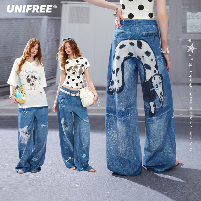 UNIFREE Ink Splash Print Wide-Leg Casual Pants S синий
