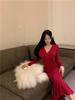 Retro red foreign style V-neck Spice Girl long-sleeved dress for women's autumn and winter new hip-wrapped sexy pure desire knee-length dress