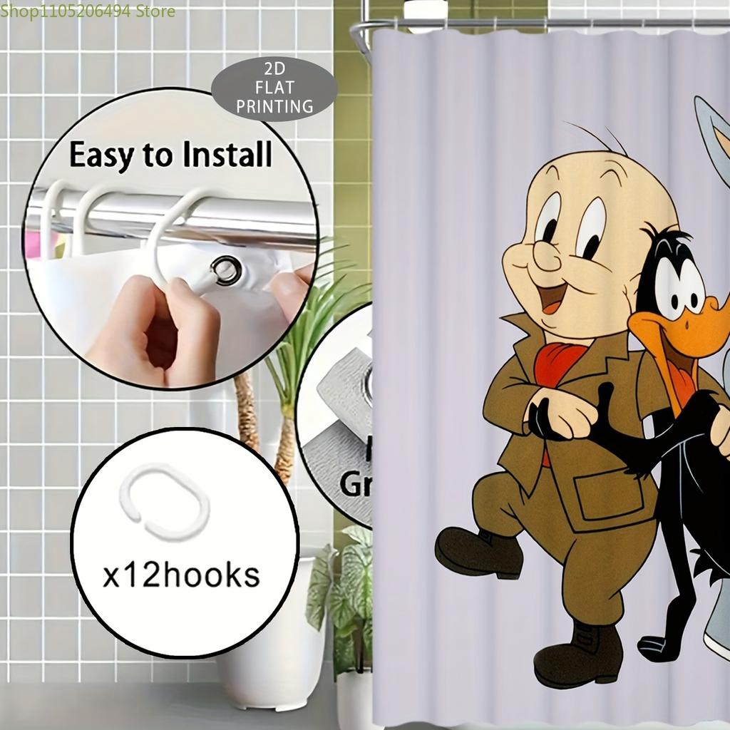 1pc, 2D Flat, Looney Tunes Cartoon Character, Patterned Shower Curtain, Halloween, Christmas Decoration Gift, Suitable For, Ho