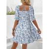 YYFS Mode för kvinnor Sommar Vår Blommönster Tryck Kortärmad Fyrkantig Krage Hög Midja Vardagsklänningar