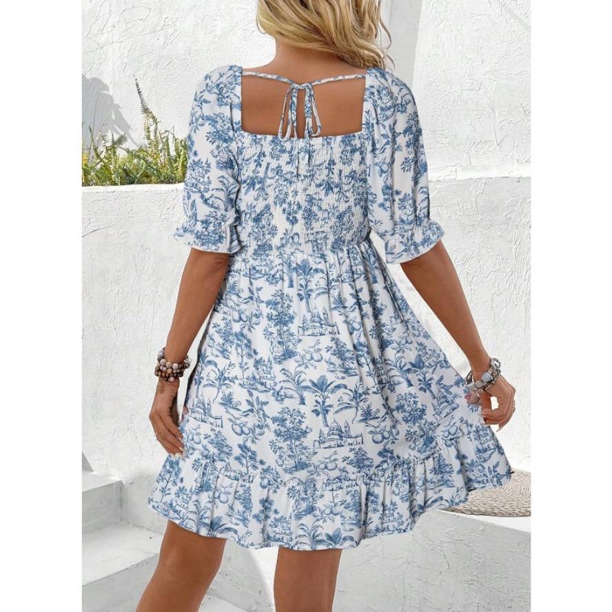 YYFS Mode för kvinnor Sommar Vår Blommönster Tryck Kortärmad Fyrkantig Krage Hög Midja Vardagsklänningar