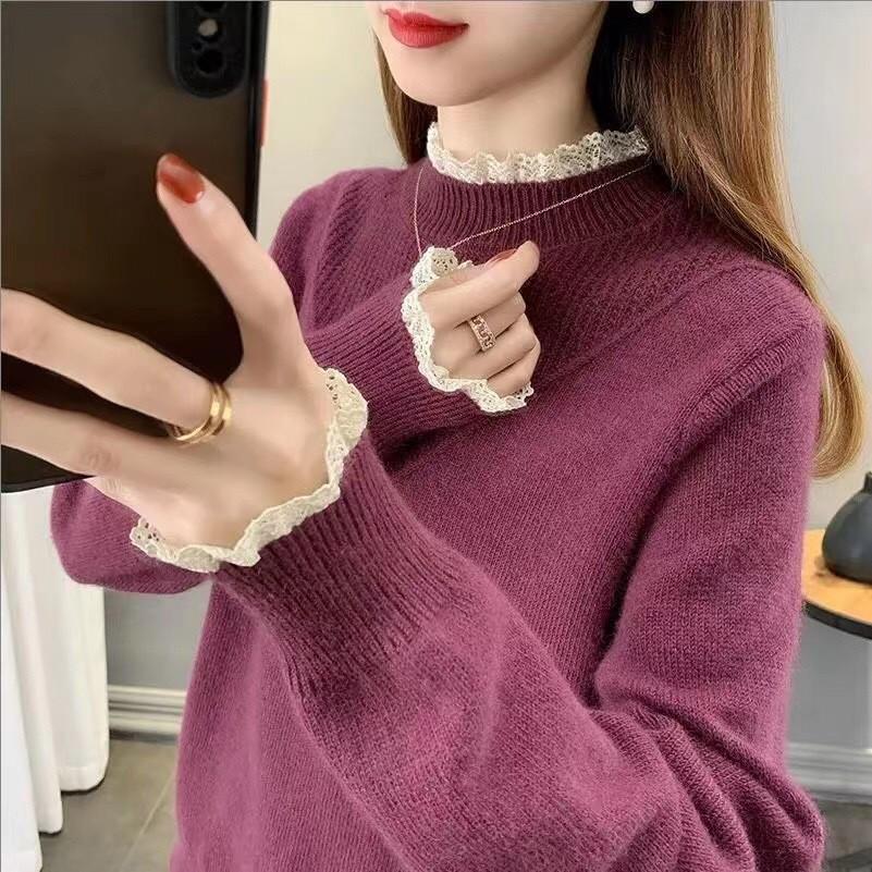 Women's Lace Patchwork Half-High Neck Knit Sweater - New Winter Arrival