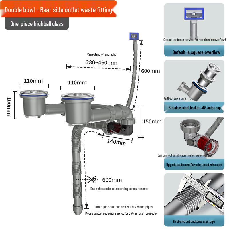 Upgraded Space-Saving Kitchen Sink Drain Pipe with Anti-Odor Horizontal Discharge and Debris Filter