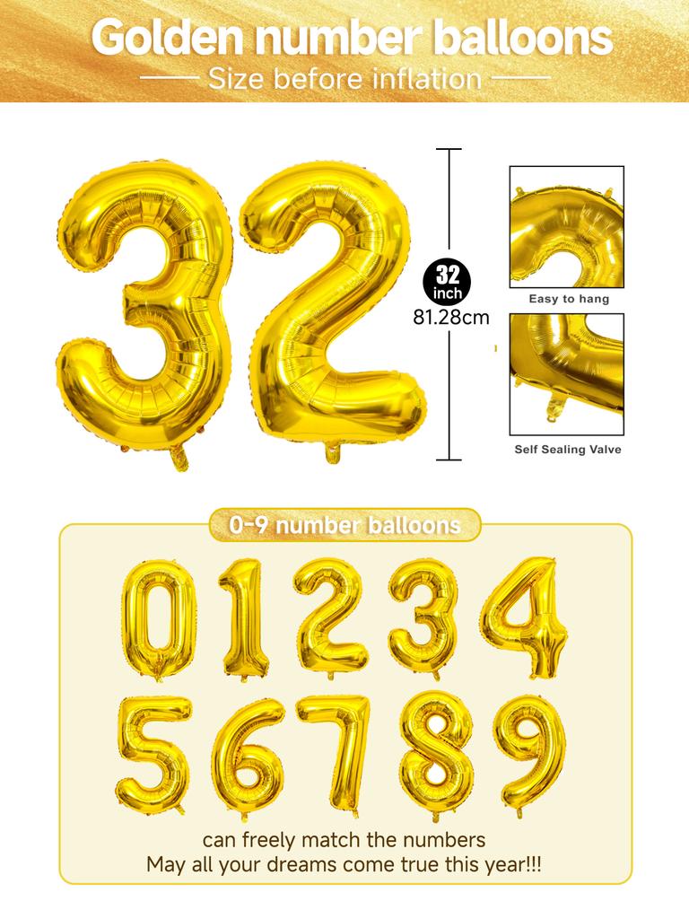52pcs Golden Happy Birthday Party Balloons, 0-9 Numbers, for Birthday Party, Anniversary, Graduation, New Year, Valentine's Day