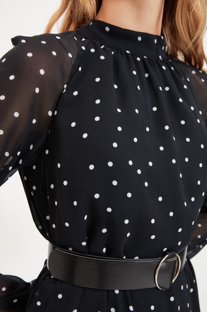 17877 Black Belted Polka Dot Slit Dress