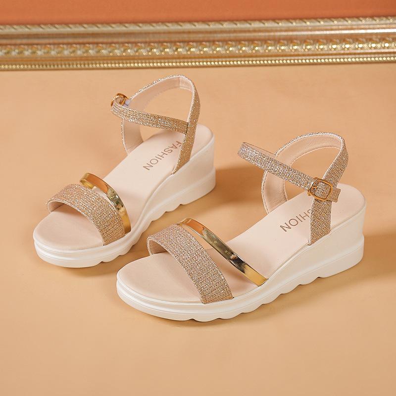 Женские сандалии из мягкой кожи женские босоножки на танкетке с открытым носком летние женские сандалии на толстом среднем каблуке модные на мягкой подошве 35 золотой 2398₽