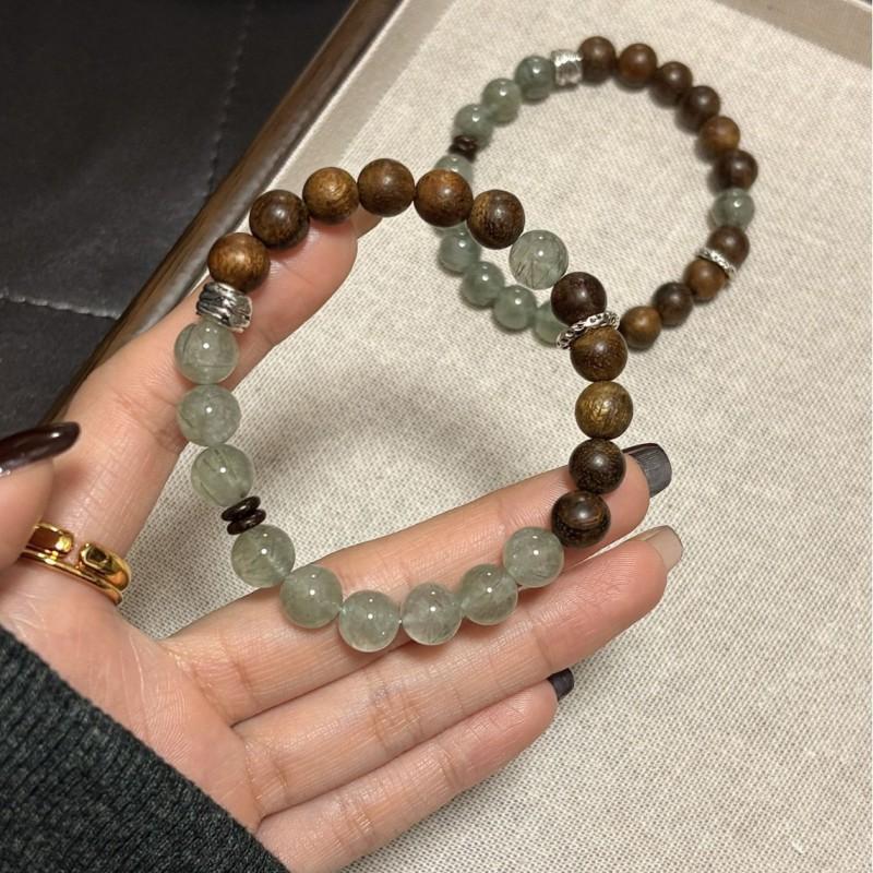 Natural Green Rutilated Quartz Agarwood Beaded Bracelet Women Vintage Chinese Style Handmade Jewelry Gift