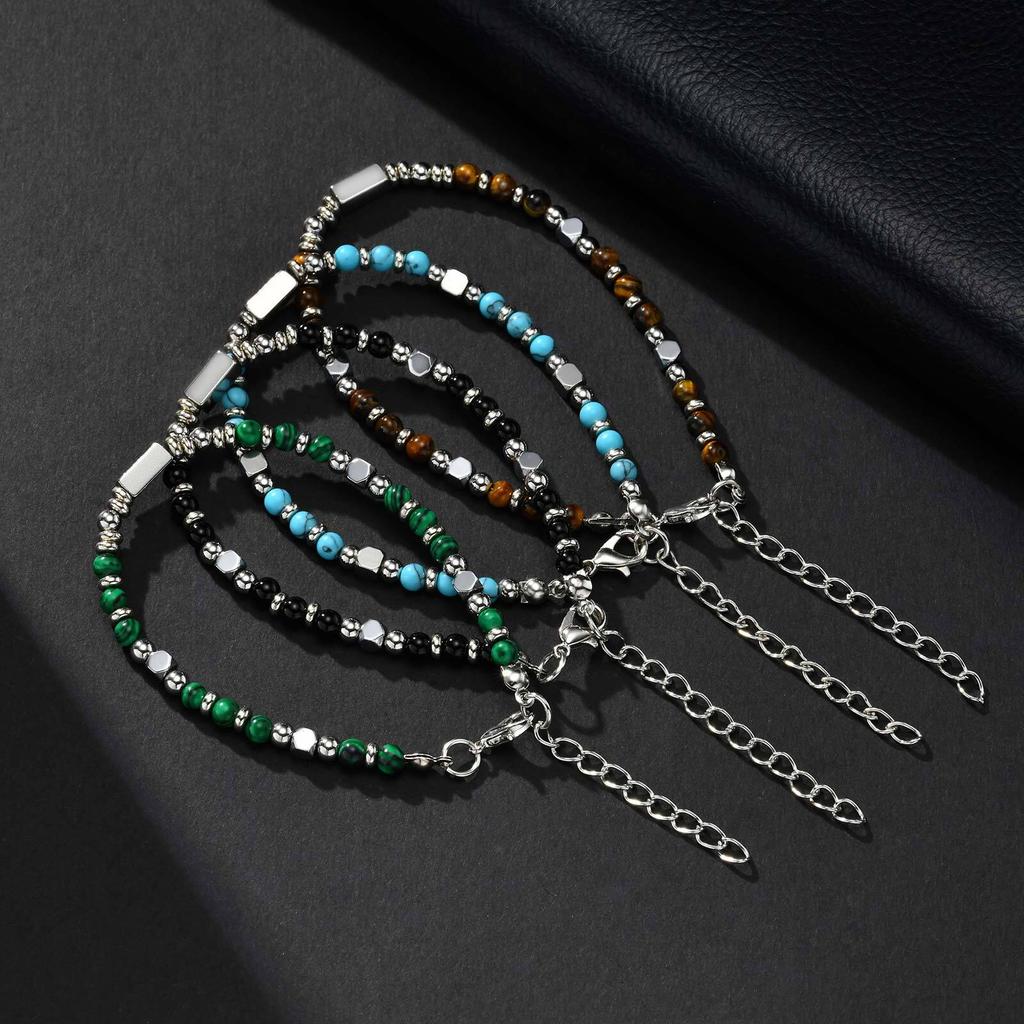 Crystal Wheel Beaded Bracelet for Men Boys,Stainless Steel Tube Natural Stone Wristband,Stylish Bohemian Jewelry Gift