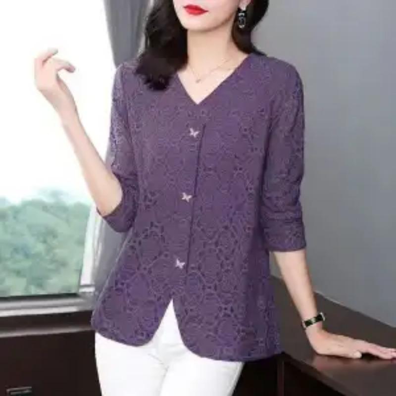 

Women s Purple Lace V-Neck Blouse 3/4 Sleeve Elegant Casual Top L фіолетовий