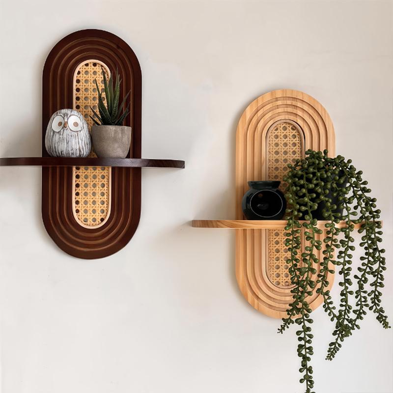 1PC Solid Sturdy Shelf Natural Wood Bohemian Wall Minimalist Rattan Weave Space-Saving Mounted Multi-Purpose