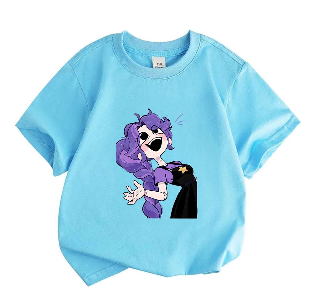 Kids Boys Girls 100% Cotton Short Sleeve Crew Neck T-Shirt, Cute Cartoon Purple Hair Robot Character Print Casual Soft Breathable Summer Tee for Child