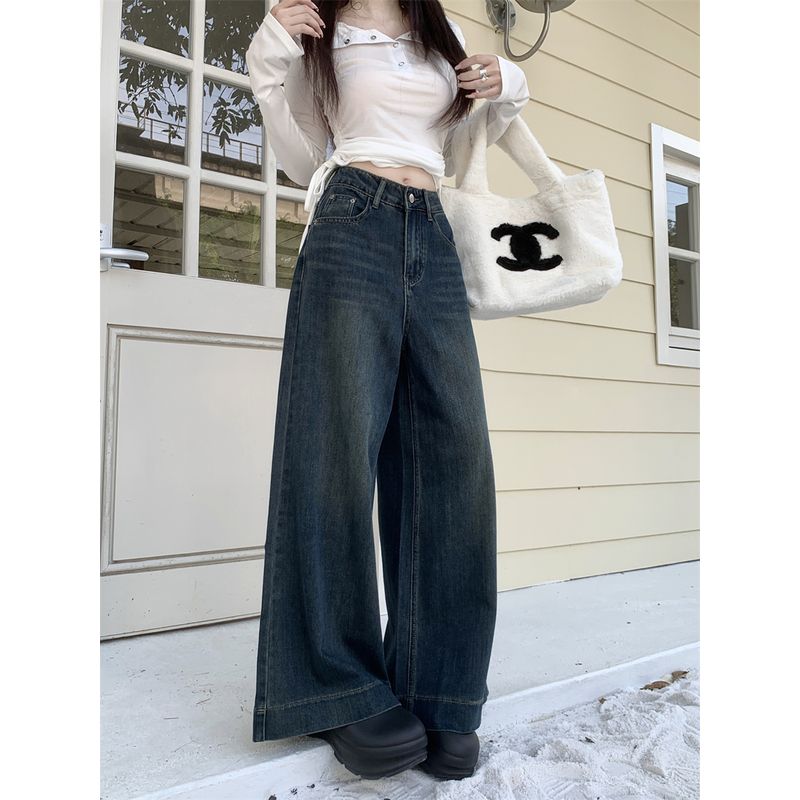 

Kumikumi Retro Washed Distressed High Waist Drape Jeans Women clothes Autumn All-Match Loose Wide-Leg Pants Trousers Retro Blue M