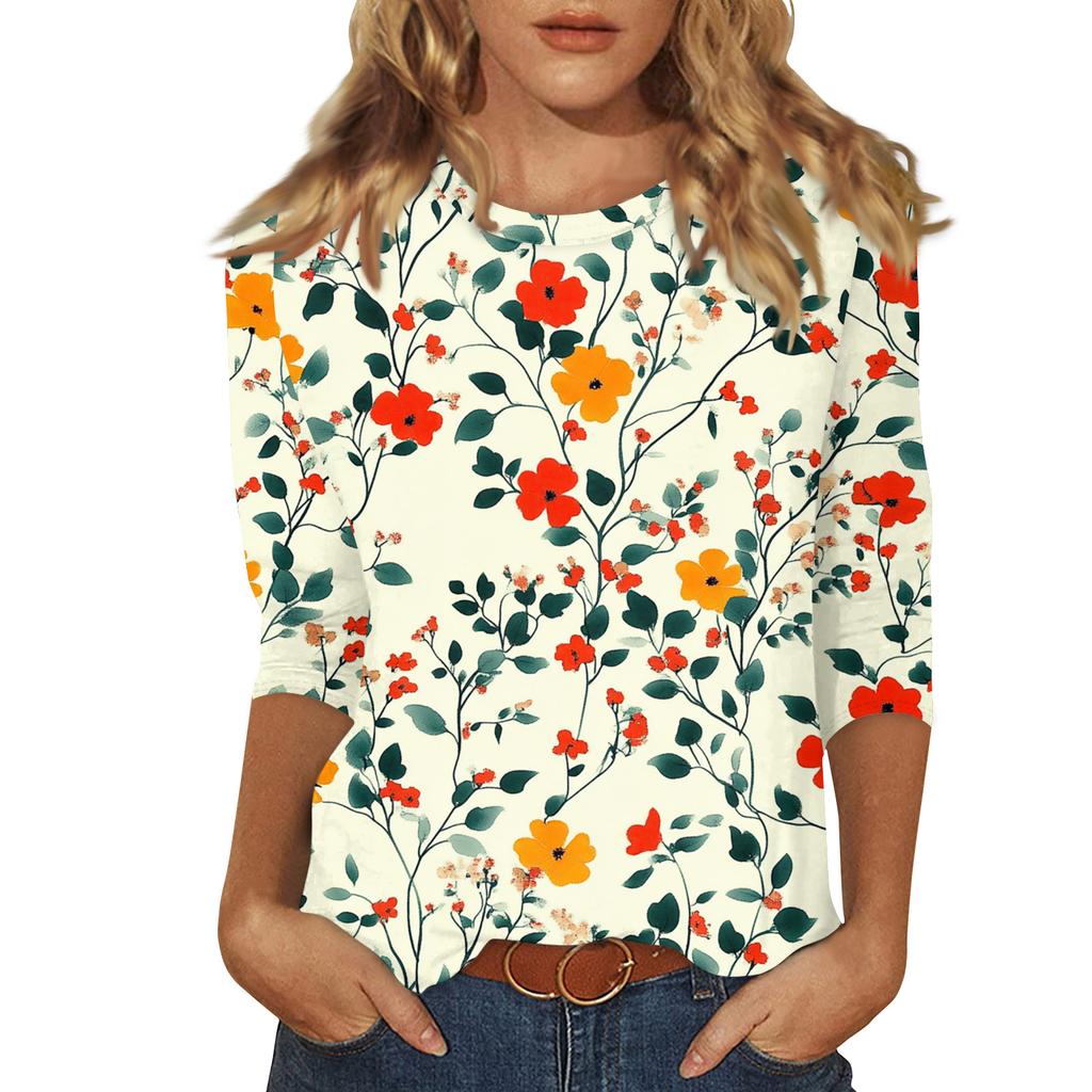 Women's Fashionable Casual Three Quarter Sleeve Printed Round Neck Top