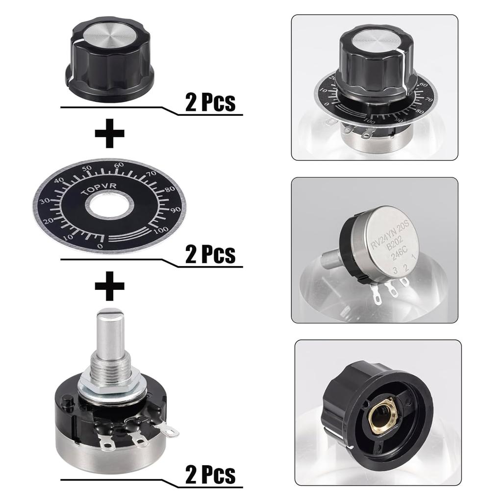 RV24YN20S B202 2K Potentiometer 2000 Ohm Single Turn Rotary Film Carbon Potentometers Wtih 2pcs A03 Knob and 2pcs Dials (Pack of 6Pcs)