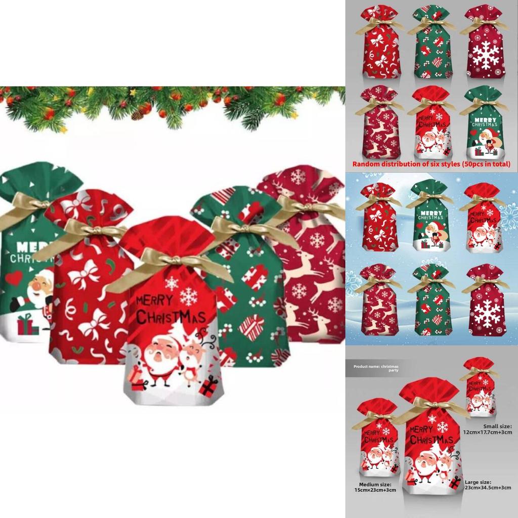 Christmas Gift Bag With Drawstring Ribbon Santa Print For Holiday Packaging